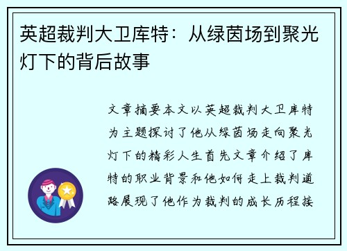英超裁判大卫库特：从绿茵场到聚光灯下的背后故事