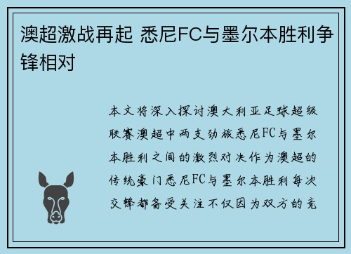 澳超激战再起 悉尼FC与墨尔本胜利争锋相对